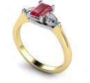 18 Carat Yellow and White gold Emerald cut Blood red Ruby and pear shaped Diamond Ring